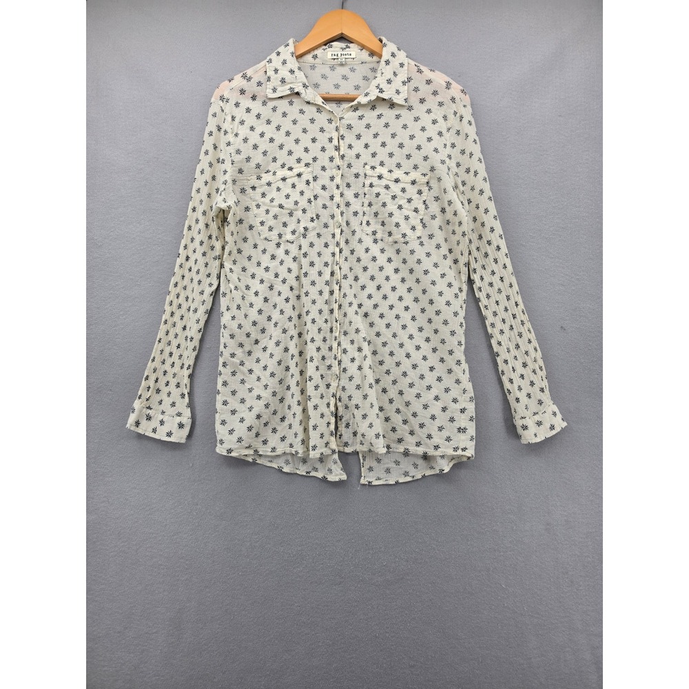 Rag Poets Cream Black Floral Star Cotton Gauze Split Back Button Down Shirt M